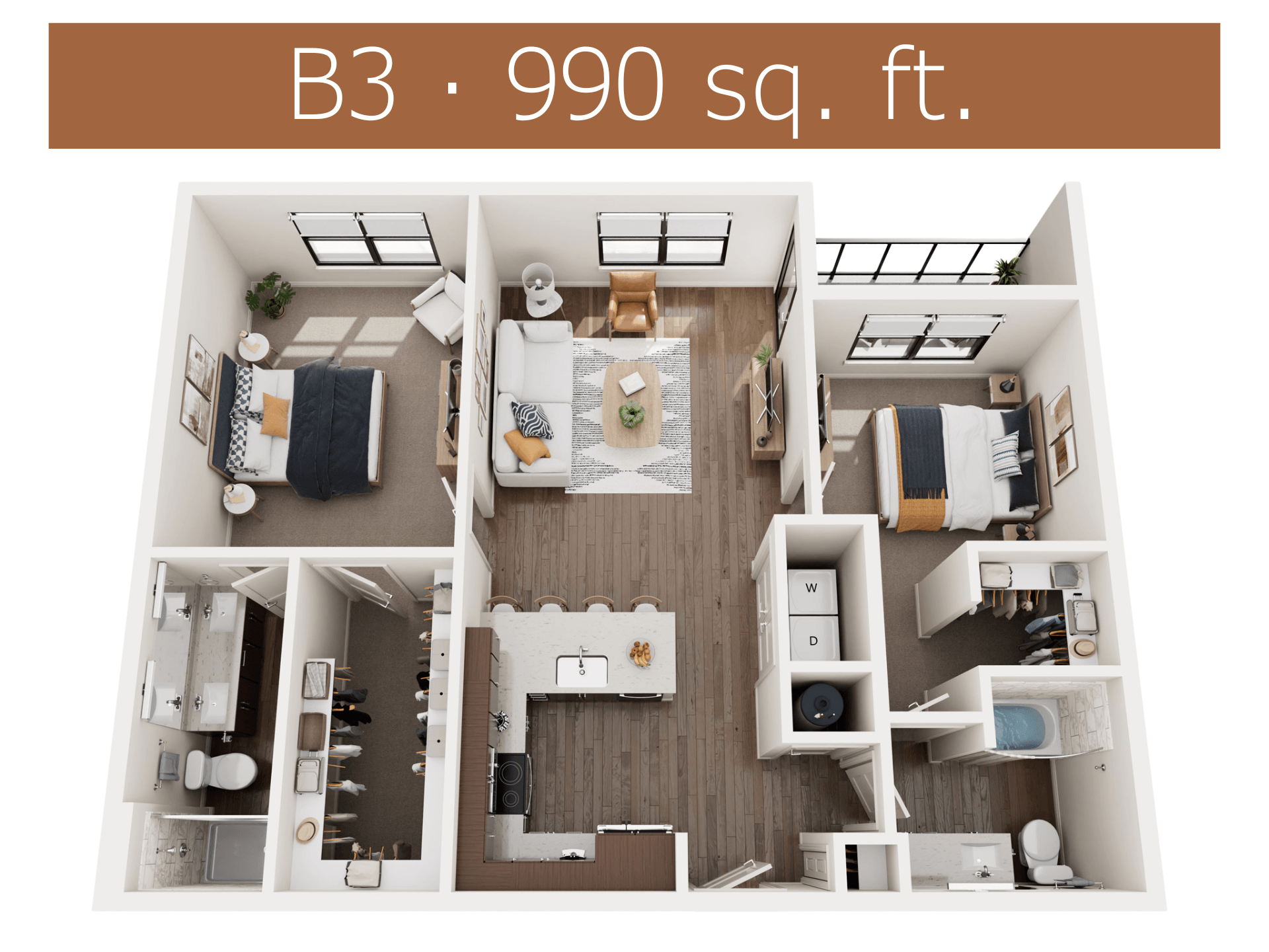 Floor plan for 2 beds, 2 baths, 990 sqft